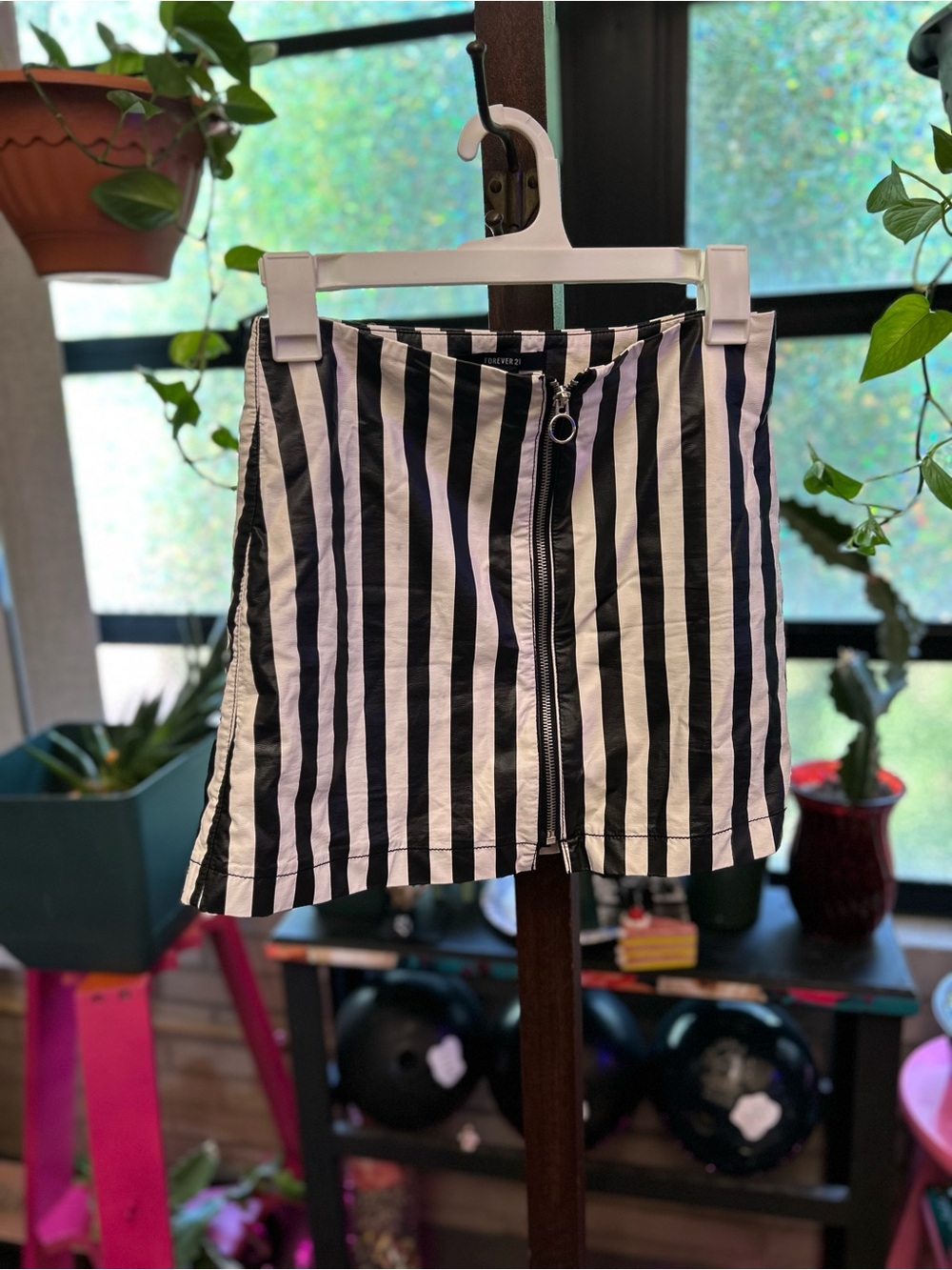 Pleather Striped Black & White Zip-Front Forever 21 Mini Skirt